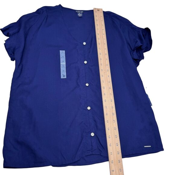 U.S. POLO ASSN. Women Short Sleeve Button Front Navy Blue Blouse V-Neck Medium - Picture 8 of 8